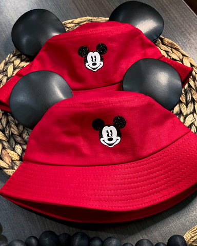 Black Leather Ears/ Red Bucket Hat